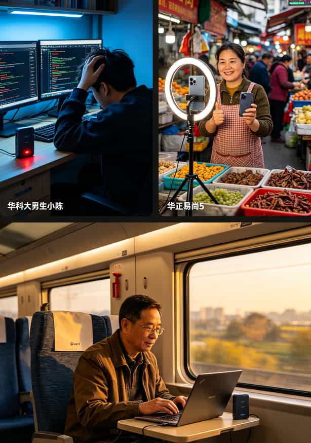 三人使用随身WiFi的场景插画