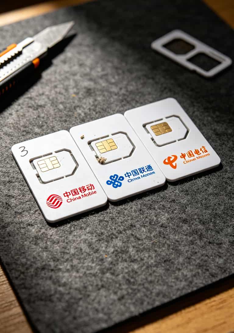 GPS流量卡千万别瞎买!我跑了三年货拉拉,用钱砸出来的避坑指南(建议收藏) 三张SIM卡并排放在桌面上,分别印着移动、联通、电信的LOGO