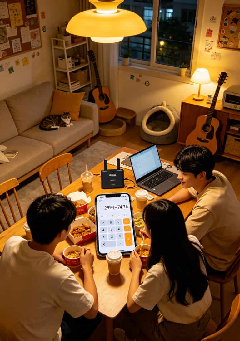 华硕随身WiFi+霸王卡流量卡折腾记:激活、避坑、省钱全在这儿了 三个人围着桌子讨论合租霸王卡套餐,手机显示平摊费用