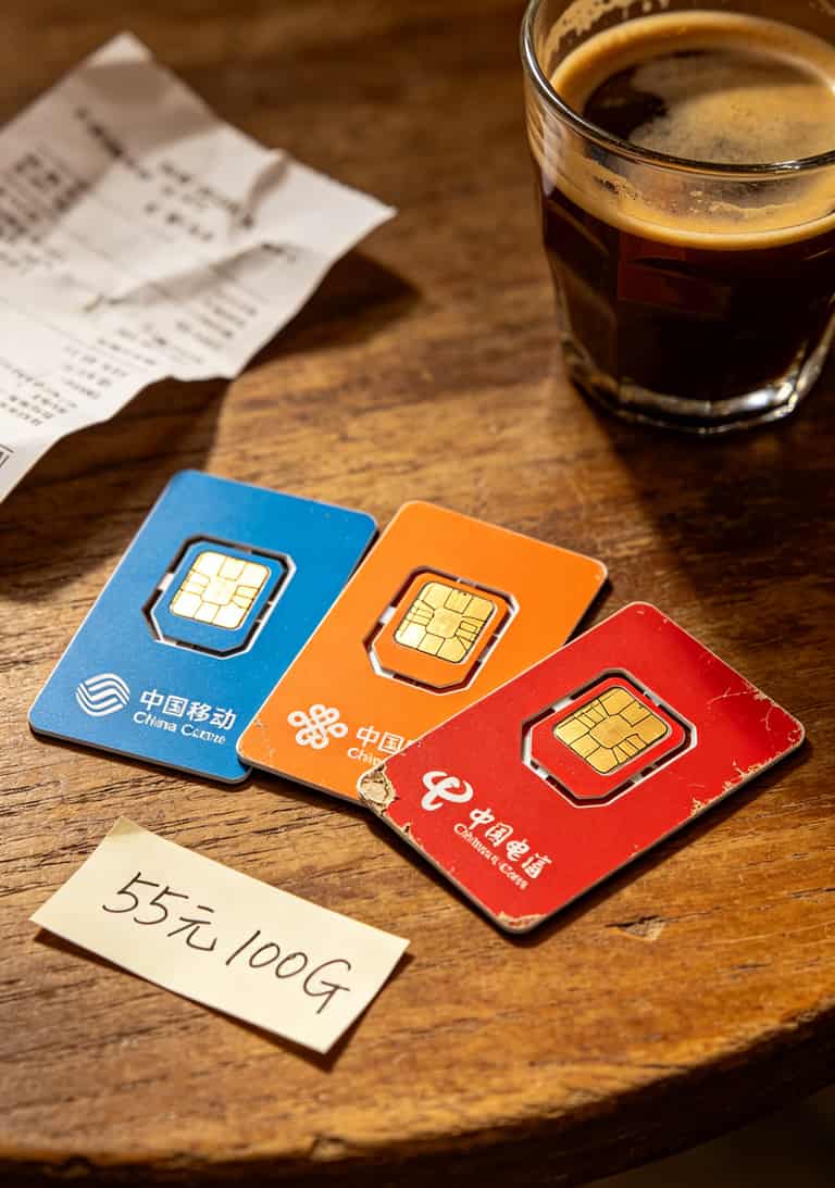 三张不同运营商的SIM卡并排放在桌面上