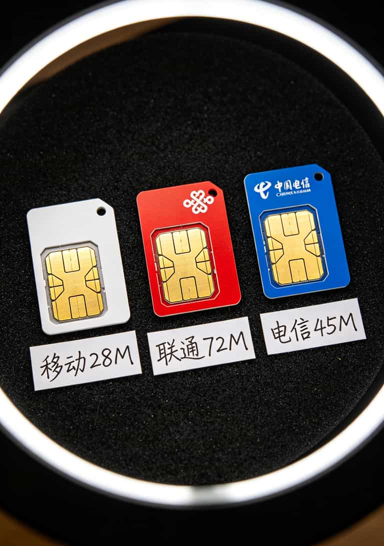 三张SIM卡依次排开，分别标注移动联通电信