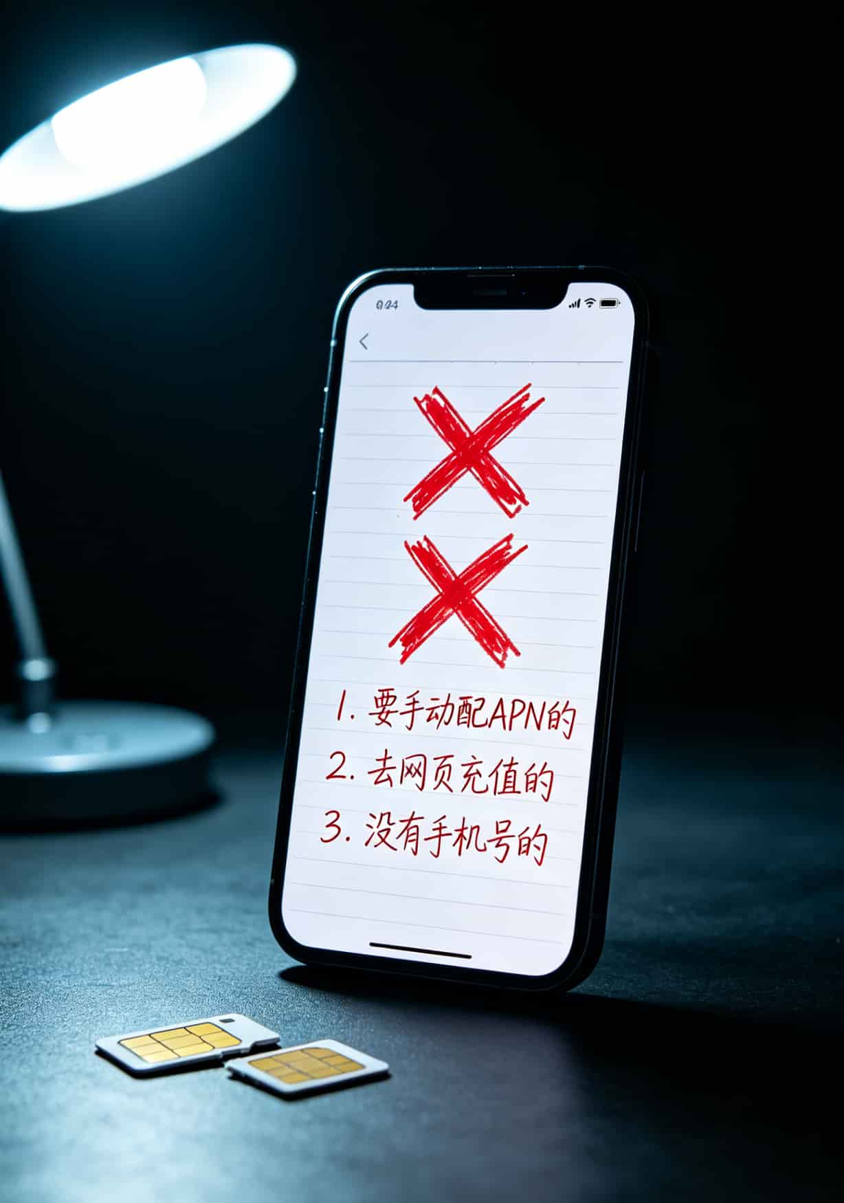 手机屏幕上红色叉号图标，旁边写着“这三种卡别买”