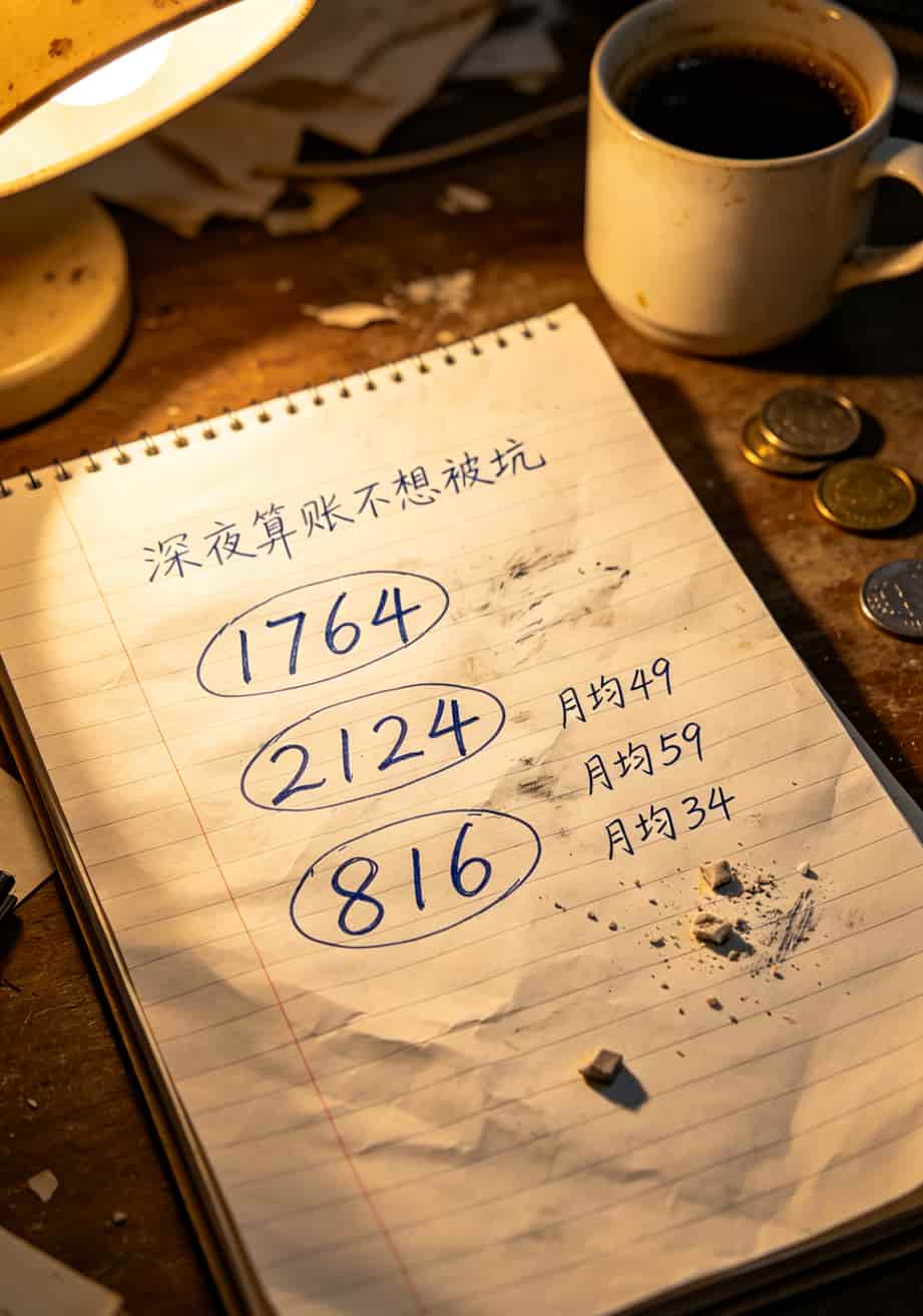 三年总费用计算手写草稿，1764、2124、816三个数字被圈出