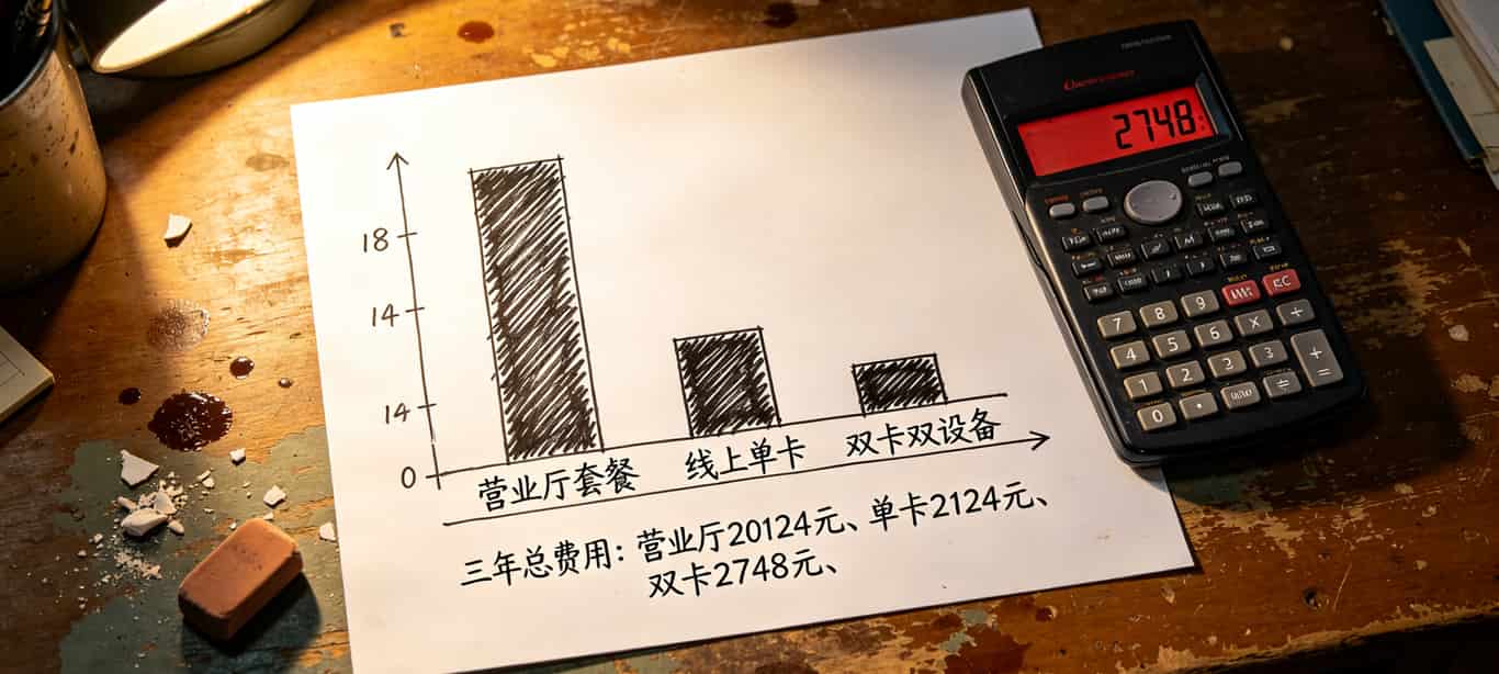 三年三种方案费用对比柱状图（营业厅/单卡/双卡双设备）