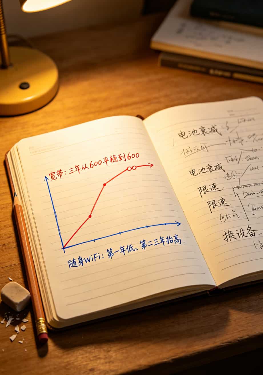 华秒随身WiFi vs 华硕USB网卡,配上不限流量卡移动卡到底谁更坑?我换了四张卡才整明白 三年宽带vs随身WiFi总成本对比折线图