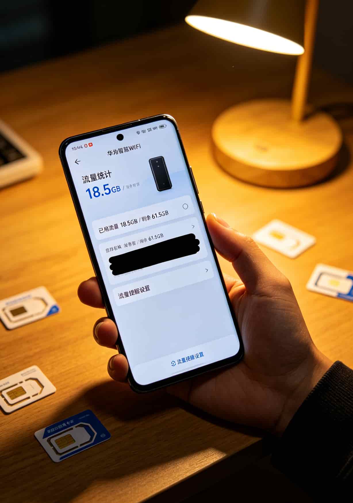 手机屏幕上显示套餐详情，通用流量22GB，定向流量28GB，用红圈标出