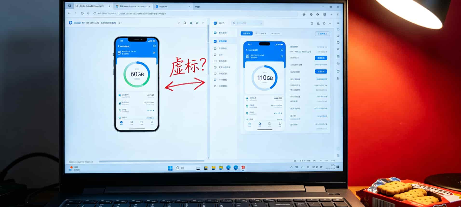 两张卡怎么设置只用一张卡的流量?19元100G流量卡,我劝你别乱买 流量统计对比截图,手机显示60G,后台显示110G,标注“虚标”