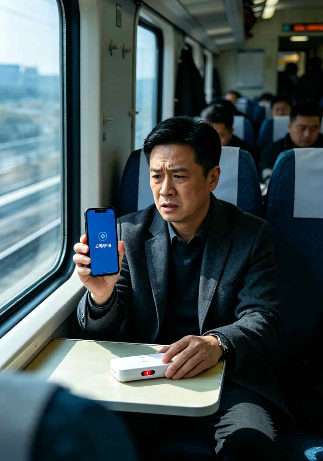 老张在高铁上使用随身WiFi的场景