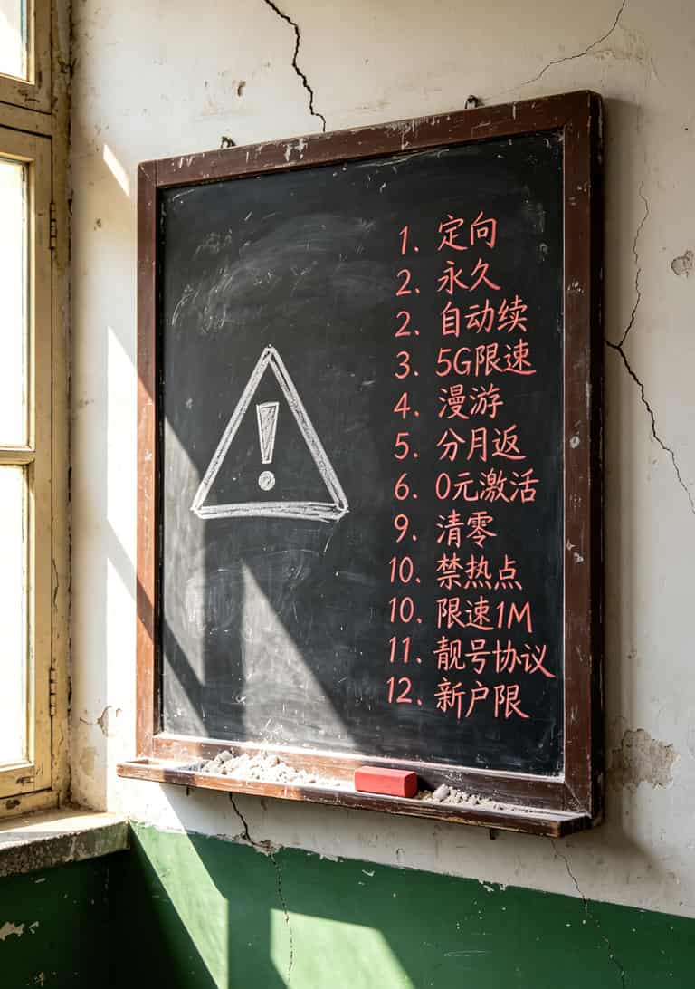 红色警告标志旁罗列12个陷阱关键词，风格简洁醒目