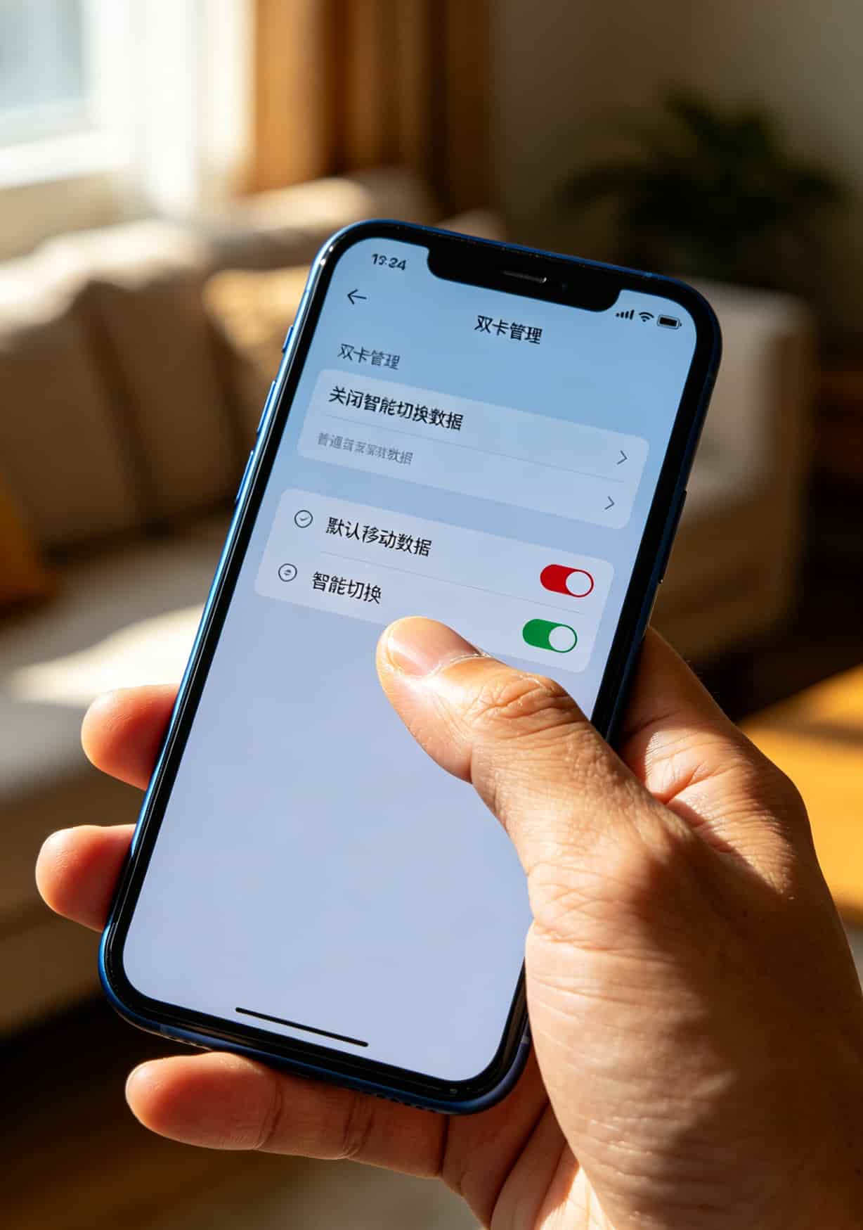 两张卡怎么设置只用一张卡的流量?19元100G流量卡,我劝你别乱买 手机双卡管理界面截图,标注“默认移动数据”和“智能切换”开关