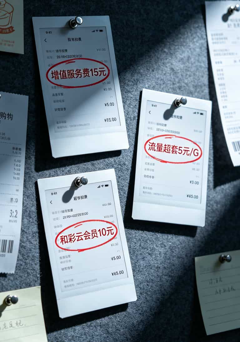 三张手机账单截图对比，红色圆圈标出异常扣费项