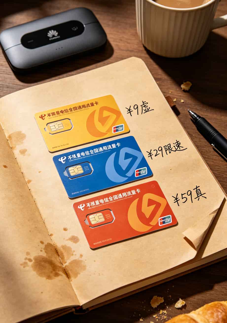 掏心窝子!华为随身WiFi配上**不限量电信全国通用流量卡**,8年踩坑换来的10条铁律 三张不同价位电信流量卡套餐对比表格