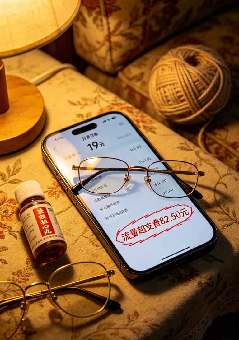 手机话费账单截图，显示月租19元+流量超支费82.5元