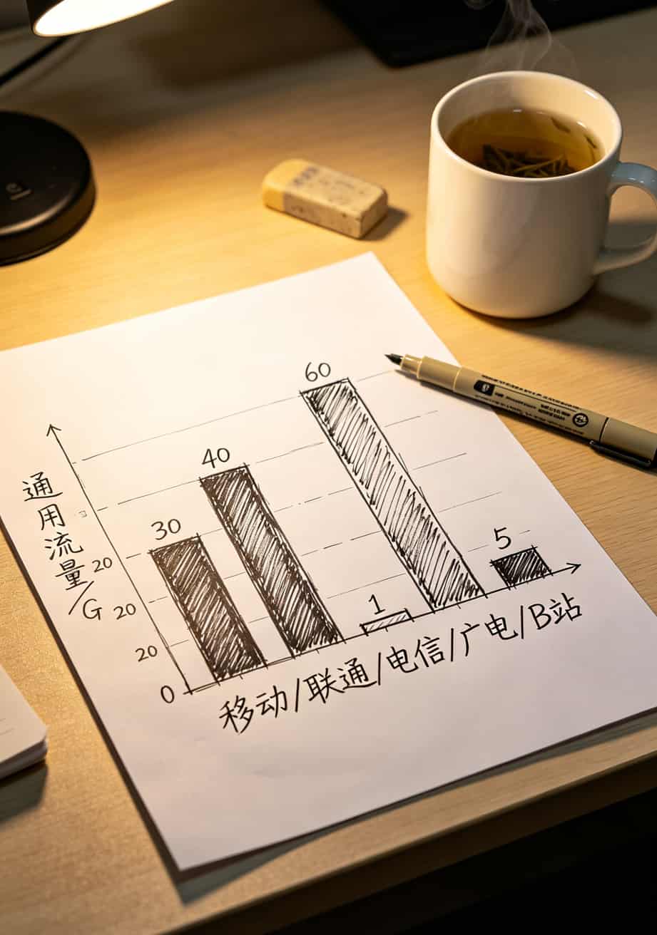 五张卡的通用流量对比柱状图，移动30联通40电信1广电60B站5