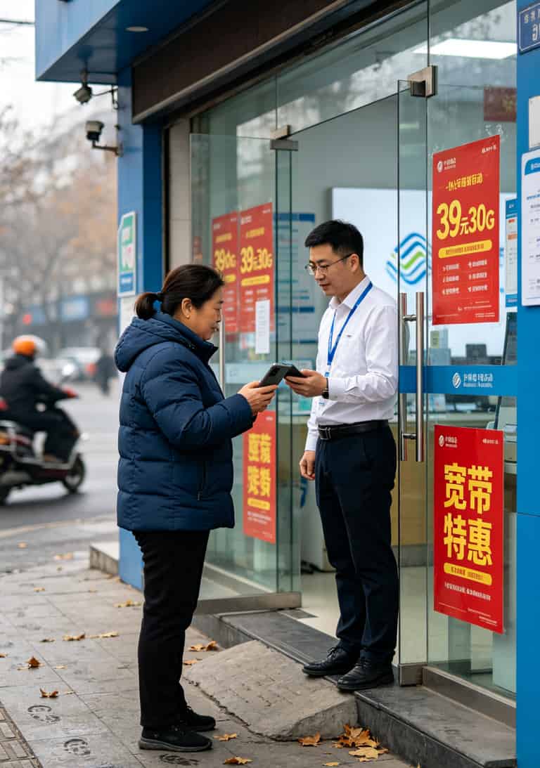 郑州某移动营业厅门口，用户正在咨询套餐