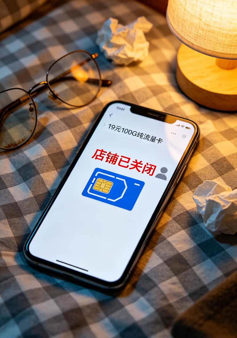 16岁流量卡办理入口在哪?19元100G我劝你别碰(真人实测+避坑地图) 淘宝店铺已关闭的截图,红框标注