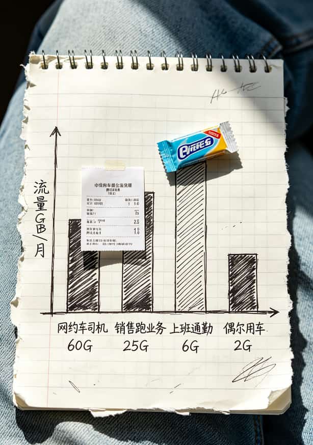 4g车载流量卡一年多少钱?300—500块是正解,少了有鬼多了浪费 不同职业车主月均流量消耗柱状图,网约车司机最高达60G,普通通勤仅5-8G