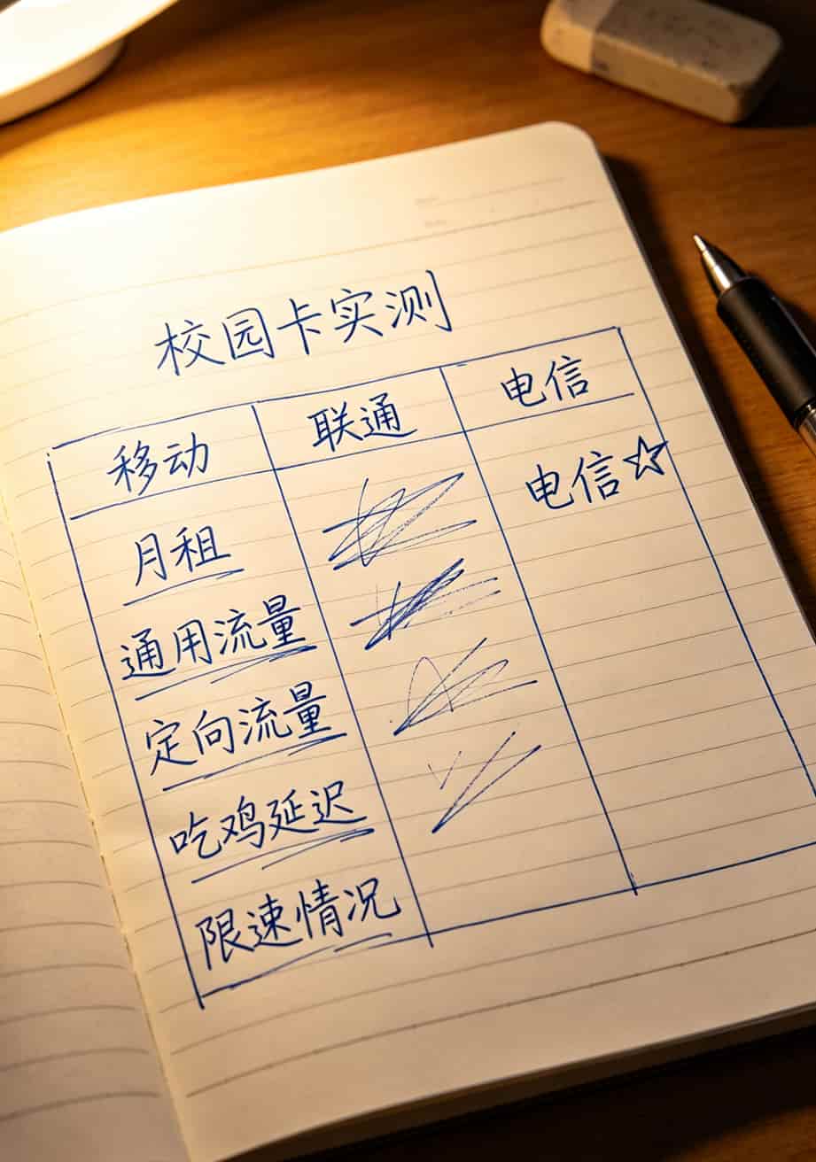 三张运营商校园套餐参数对比表格，手写风格