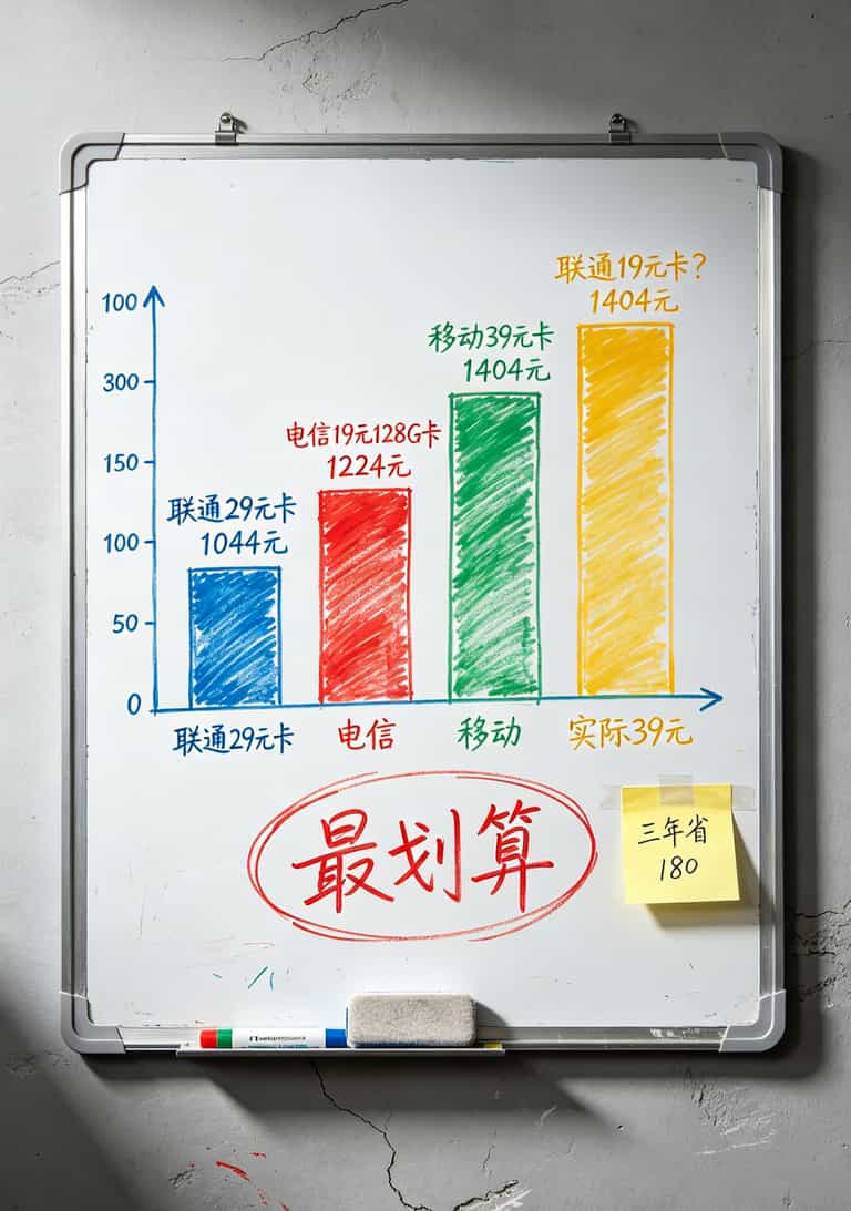 三年总成本对比图，联通29元最低，电信128g最高