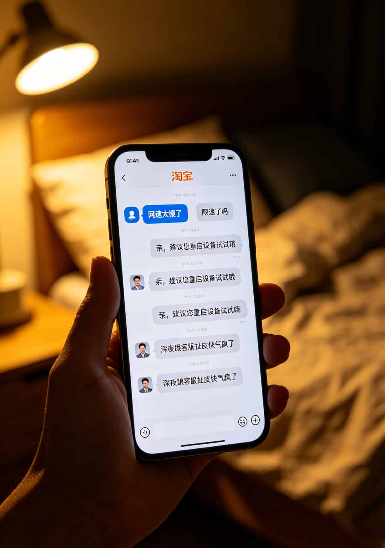 与淘宝客服的聊天记录截图，客服重复回复“请重启设备”