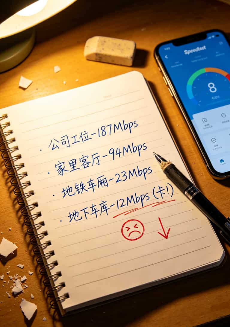 69元潮玩青春卡套餐内流量有哪些?我跑了三座城市才整明白,答案先甩给你 不同地点网速测试记录表,地下车库显示12Mbps