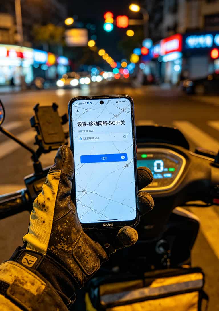 外卖员手机显示5G开关和流量监控界面