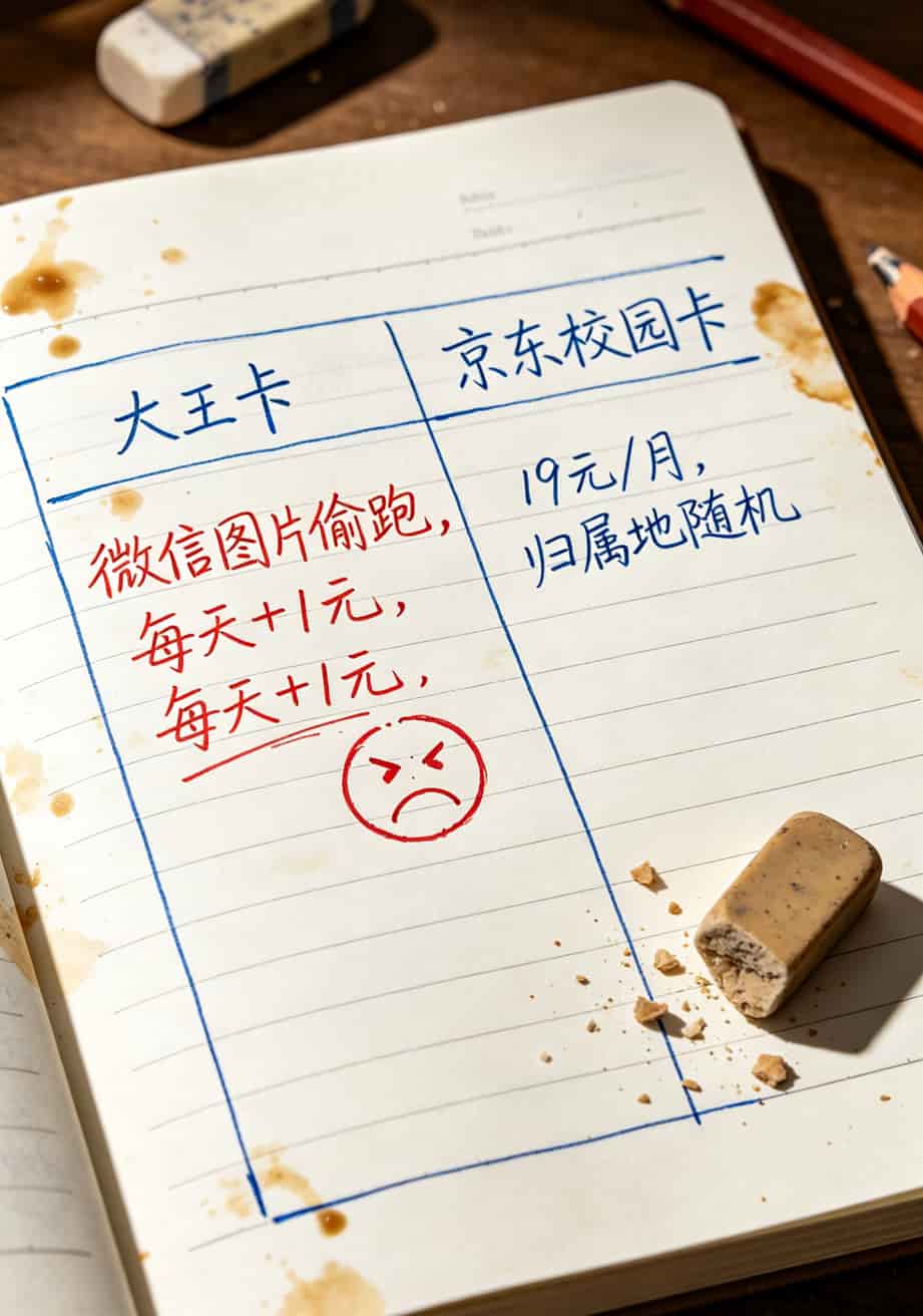 9元一个月的流量卡有什么套路吗?我拿京东校园卡试了仨月,这19块钱花得值不值? 联通大王卡与京东校园卡资费对比手写表格,标注了偷跑流量问题
