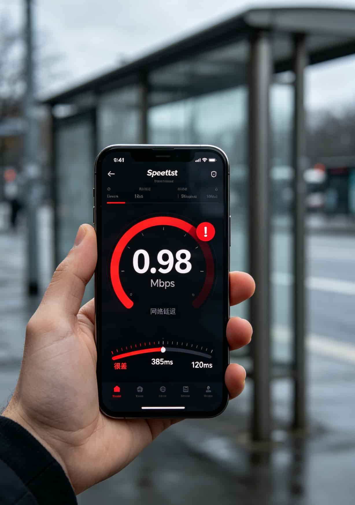 网速测试截图，显示下载速度0.98Mbps