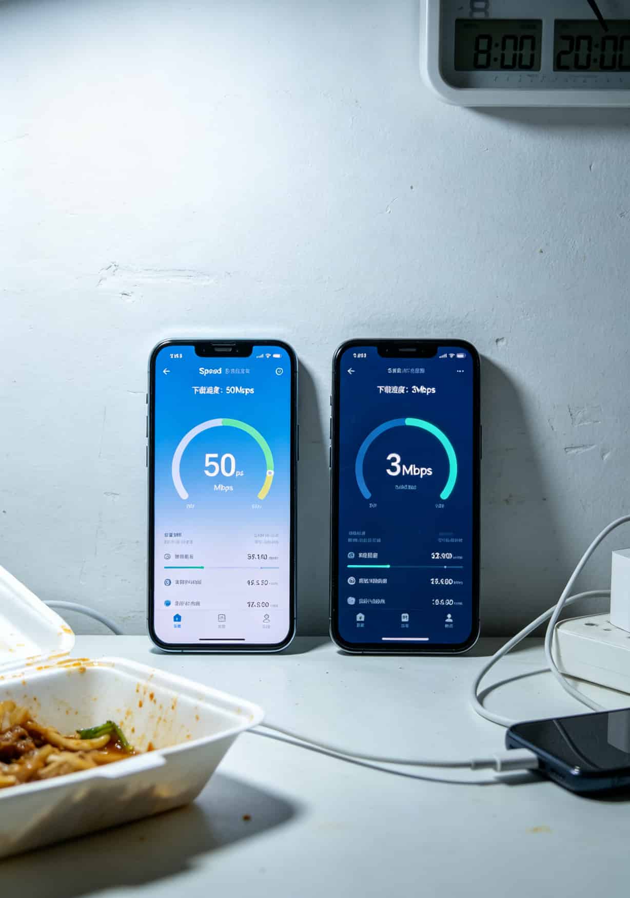 Speedtest测速结果界面，早上8点显示50Mbps，晚上8点显示3Mbps