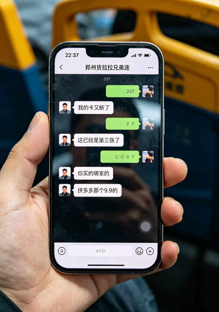 GPS流量卡千万别瞎买!我跑了三年货拉拉,用钱砸出来的避坑指南(建议收藏) 微信群聊天截图,头像打码,内容为“我的卡又断了”“这已经是第三张了”