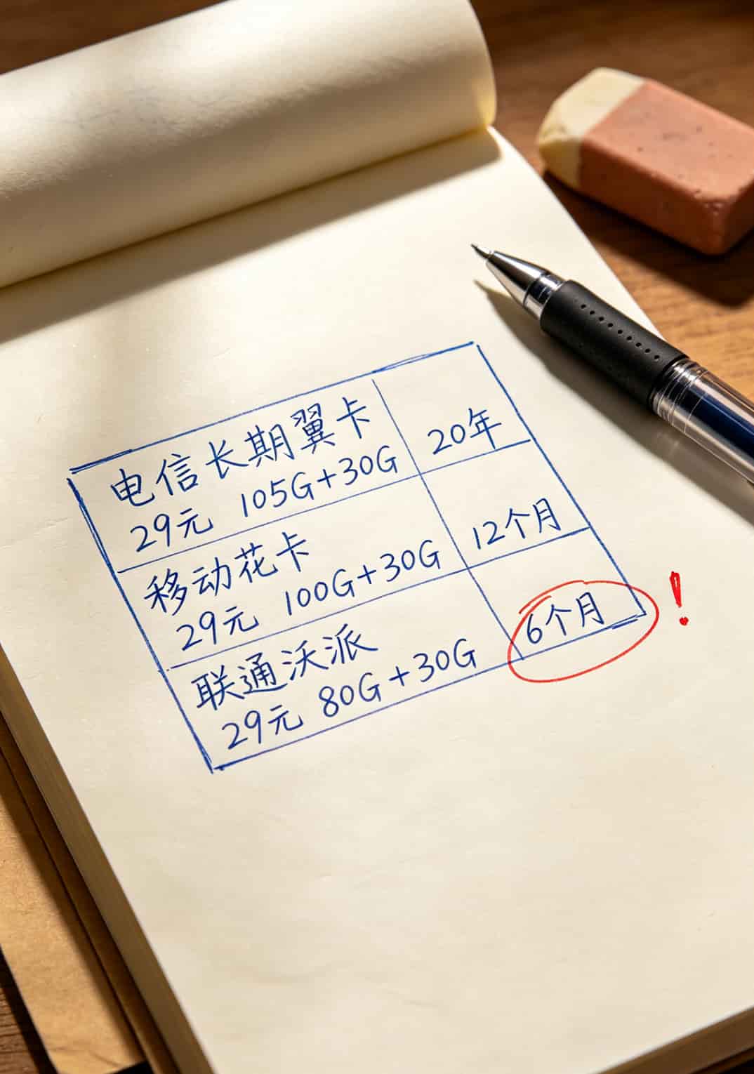 手机套餐对比表格，标注了月租、流量、优惠期