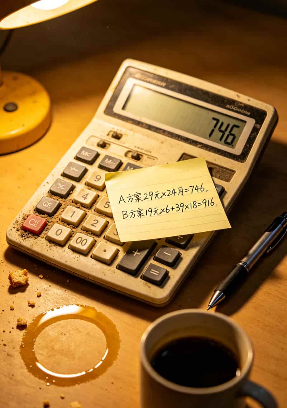 计算器上的两年总费用对比，手写标注