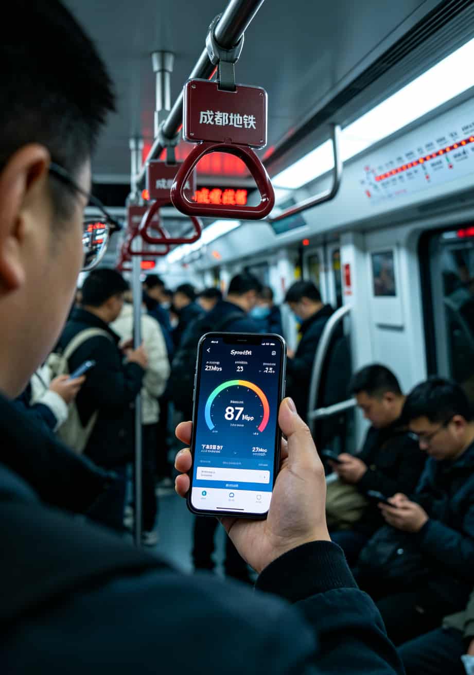 在地铁上用手机测网速的截图，显示87Mbps