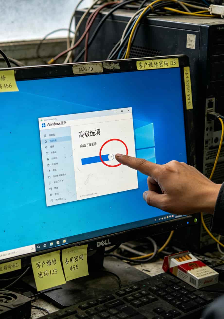 强哥血泪总结:华为随身WiFi插台式机,配这种0月租费的流量卡才叫真省钱 电脑系统更新设置界面,圈出“自动下载更新”的选项