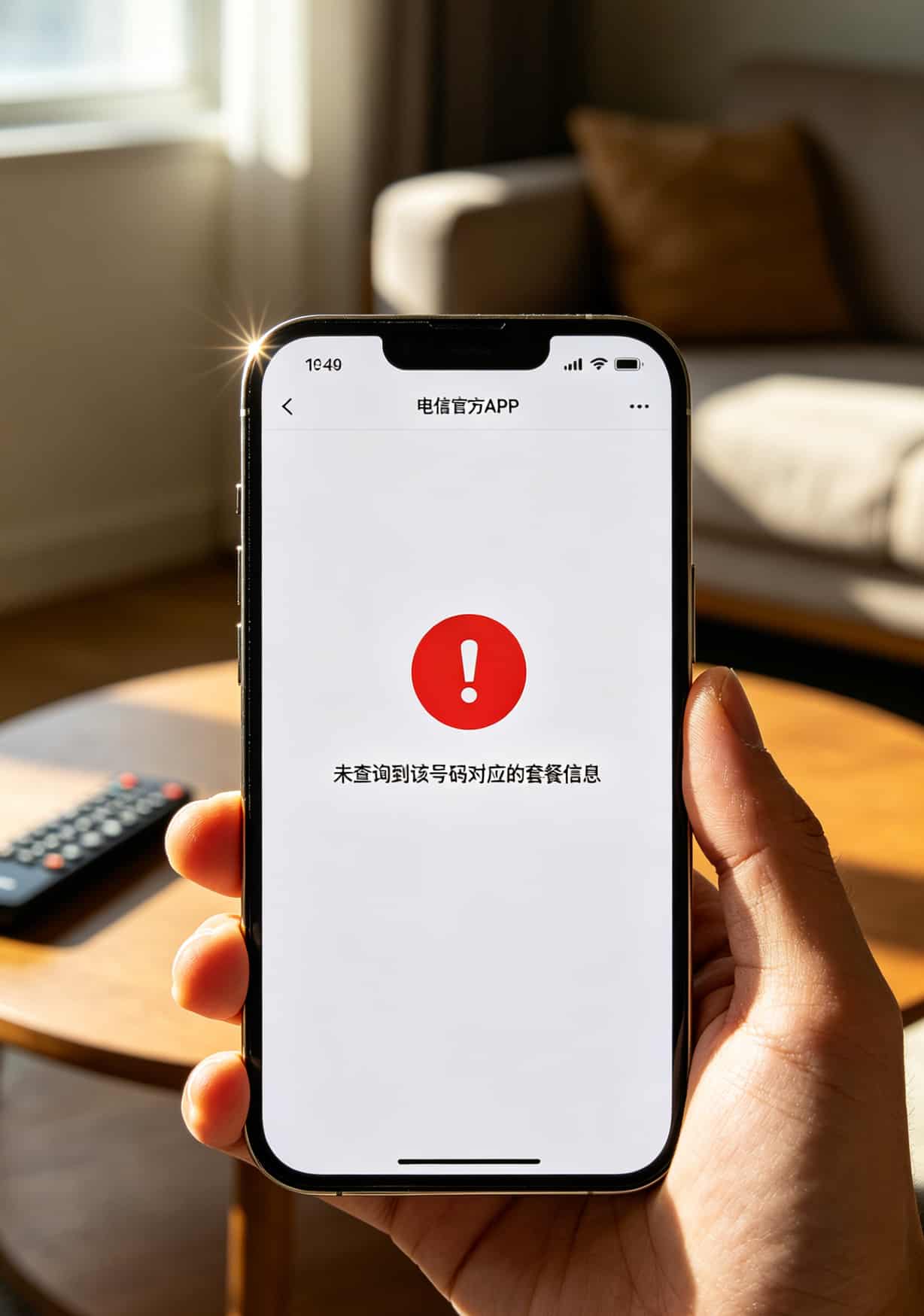 流量卡怎么买划算?19元100G背后的真相,看完你就不纠结了 手机屏幕显示电信官方APP套餐查询结果,标注“未找到该套餐”