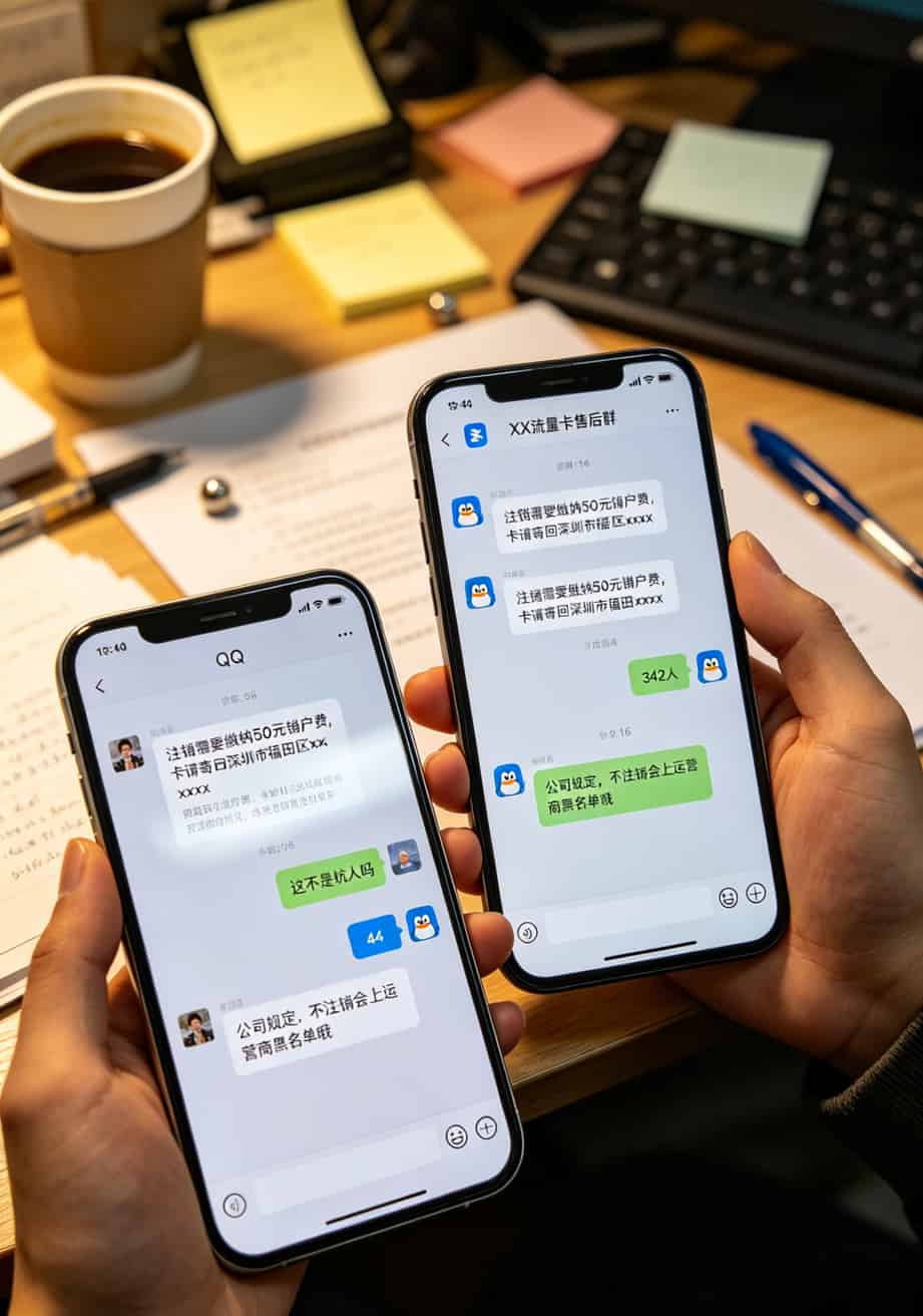QQ群客服聊天记录截图显示注销需交费