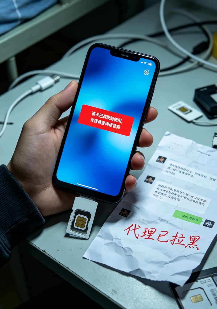 手机截图显示物联卡被封停的界面，红色提示“该卡已被限制使用”