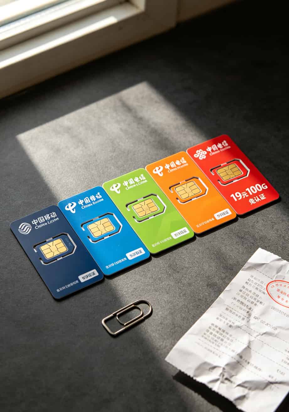 五张不同运营商的流量卡并排放在桌面上