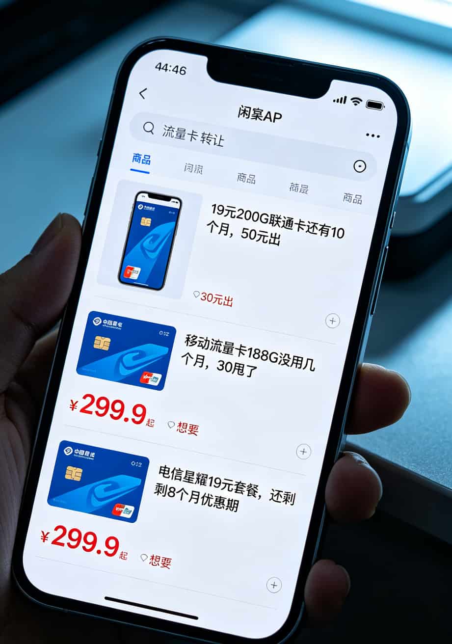 闲鱼搜索“流量卡转让”结果截图，多个低价商品
