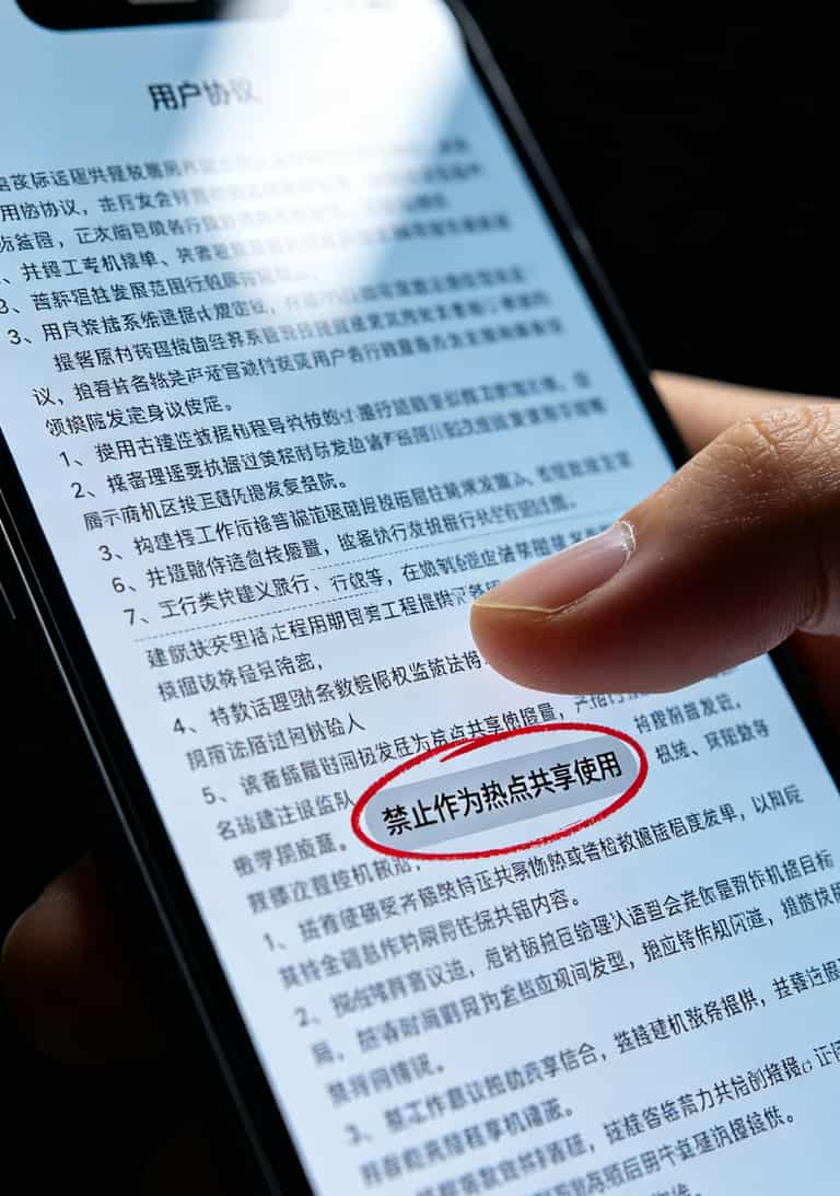 19元100g流量卡,我折腾半年终于搞明白了!靠谱的流量卡办理入口长这样 手机屏幕上密密麻麻的用户协议小字,红色圆圈圈出右下角的热点禁令条款
