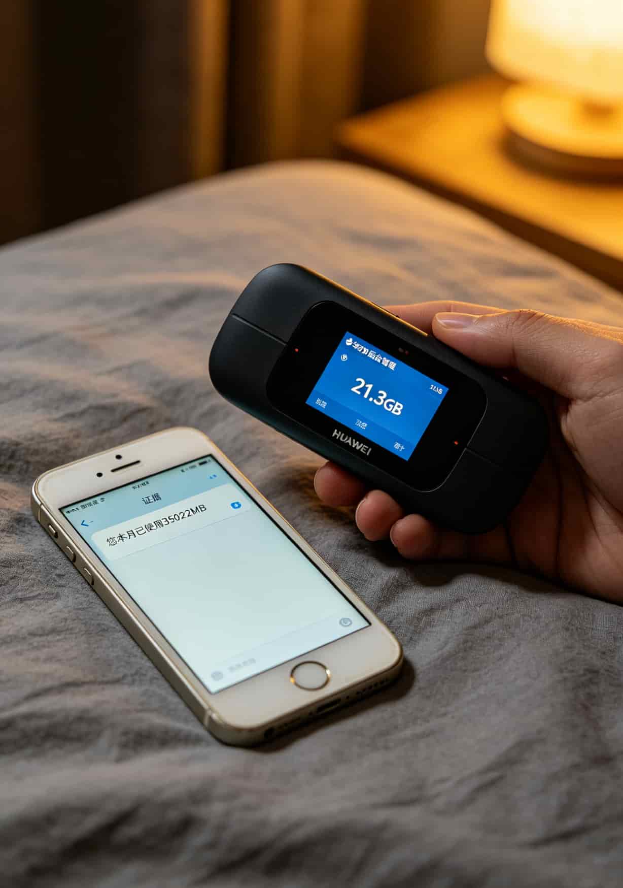 流量卡1g的到底多少钱?我亏了1000块后,给你10条大实话 华为随身WiFi设备屏幕亮着,显示已用流量21.3GB,旁边手机短信显示35GB已用,形成鲜明对比