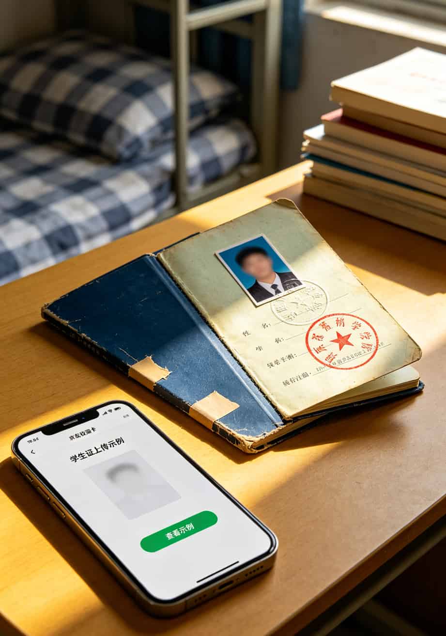 9元一个月的流量卡有什么套路吗?我拿京东校园卡试了仨月,这19块钱花得值不值? 京东校园卡申请页面截图,标注了学生证上传示例图