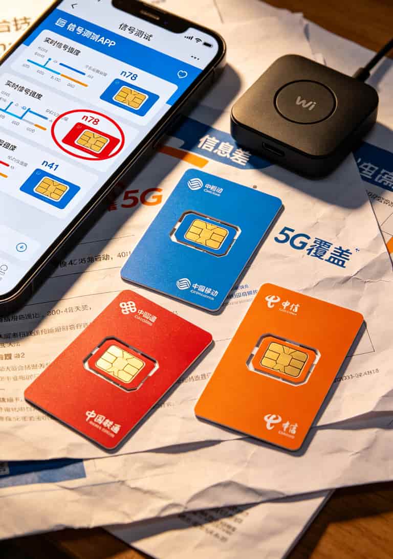 三大运营商信号覆盖对比示意图，标注n78和n41频段