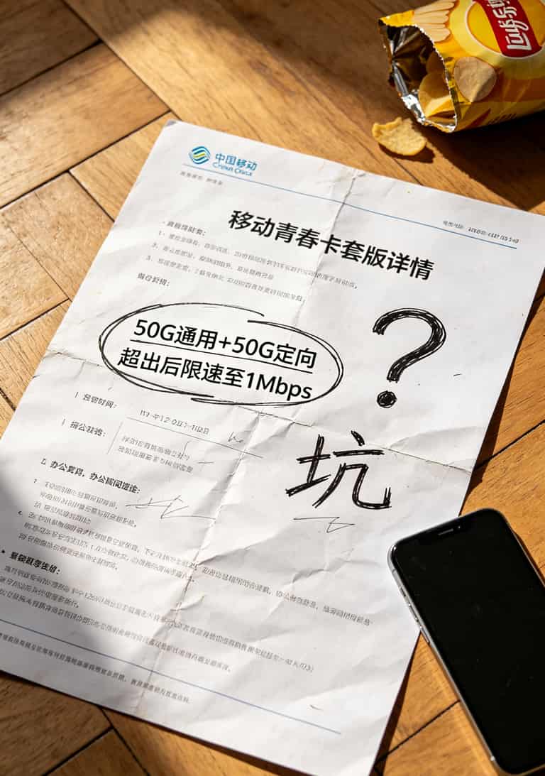 19元100G流量卡怎么办理才不踩坑?跑市场半年废了6张卡,这篇全是实话 移动青春卡套餐详情页截图显示定向流量限制