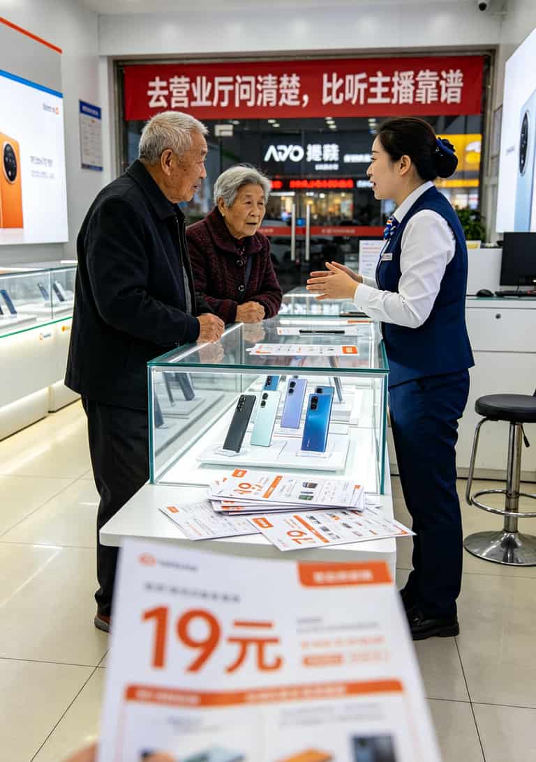 办流量卡有什么坏处吗?19元180G套餐我劝你别乱办,8年老通信人说实话 运营商营业厅内景,柜台上有套餐宣传单