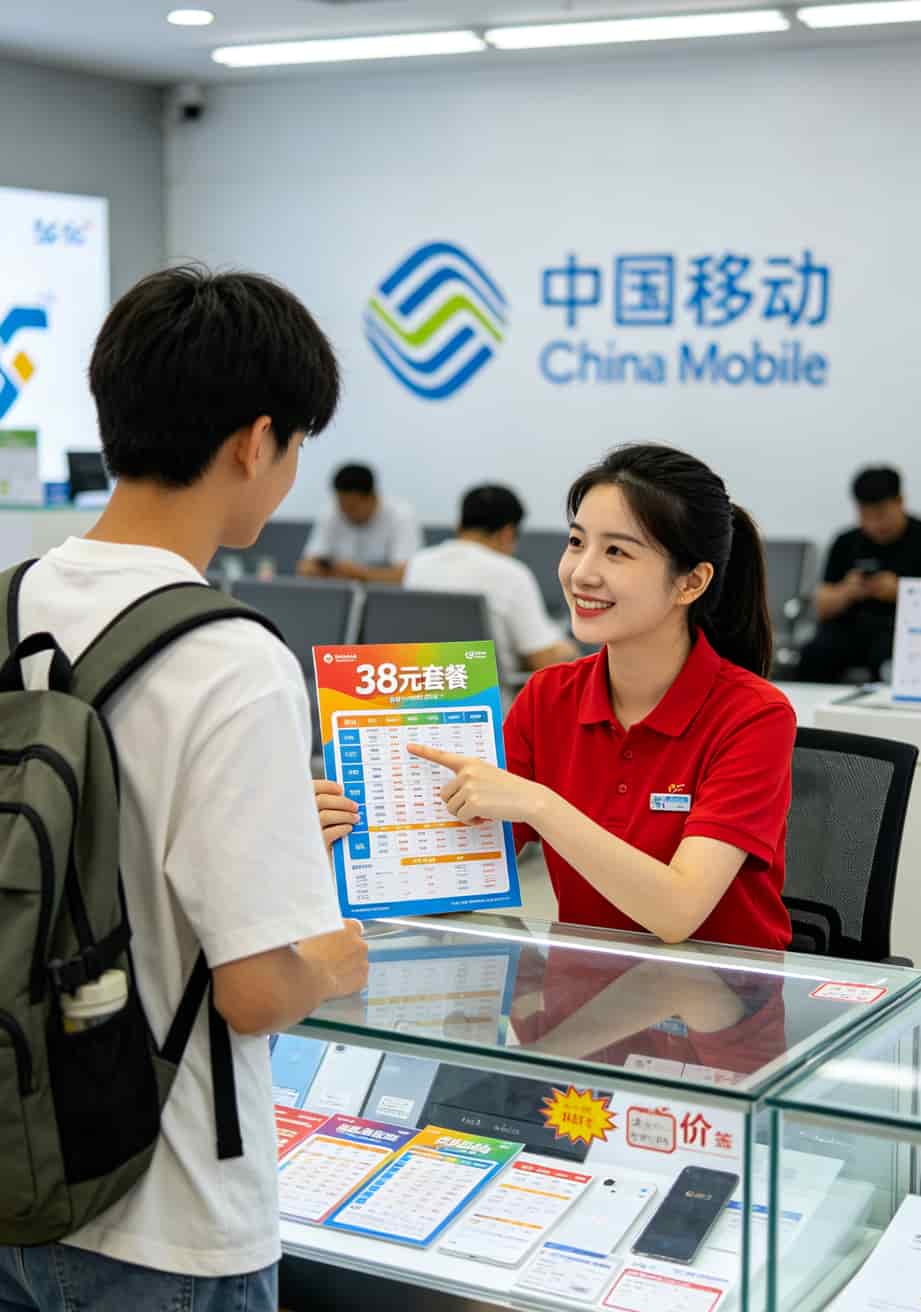 实测三年换了三张卡,终于搞懂办什么卡流量多还便宜:京东校园卡值不值我全交代了 移动营业厅柜台办理套餐的场景,工作人员在介绍资费