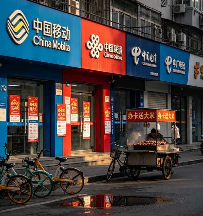 19块钱的“不打电话的流量卡”,我亏了300块后才敢写这篇大实话 运营商营业厅门口的招牌,移动联通电信广电四家并排