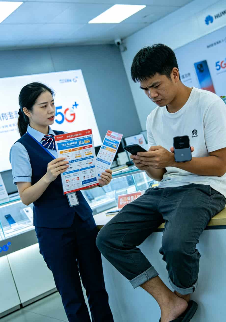 20260508_033801_2021流量卡哪个划算_final 营业厅柜台销售在介绍套餐,用户拿着手机犹豫