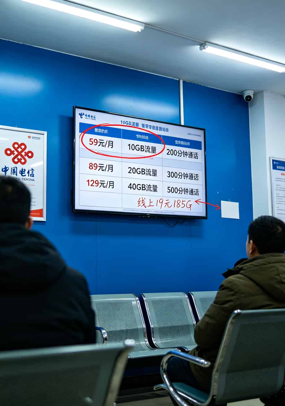 办了30张流量卡,告诉你办理什么卡流量最多又划算(19元185G背后全是坑) 营业厅的套餐价目表照片,红圈对比线上19元和线下59元的差价