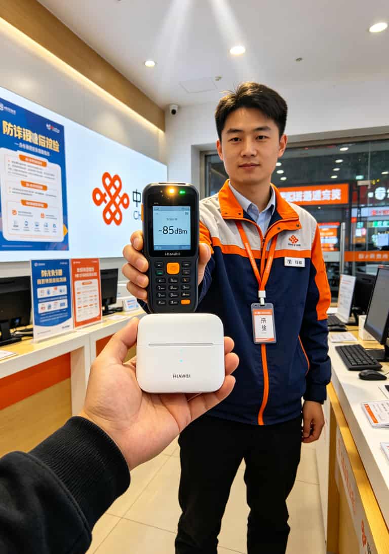 华为随身WiFi用户别再当冤大头了!找对办流量卡的地方,一年省下的钱够你吃10顿火锅 营业厅工作人员用专业设备测试随身WiFi信号强度的场景